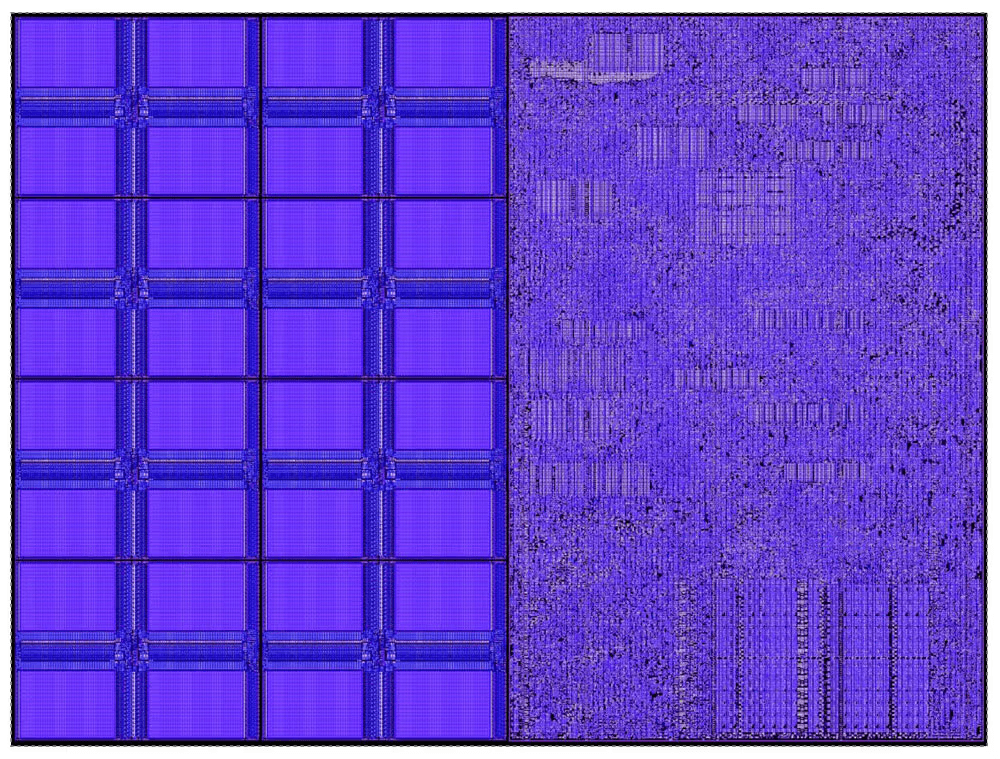 View of a single Cerebras core, which devotes about 50% of its area to memory (left).